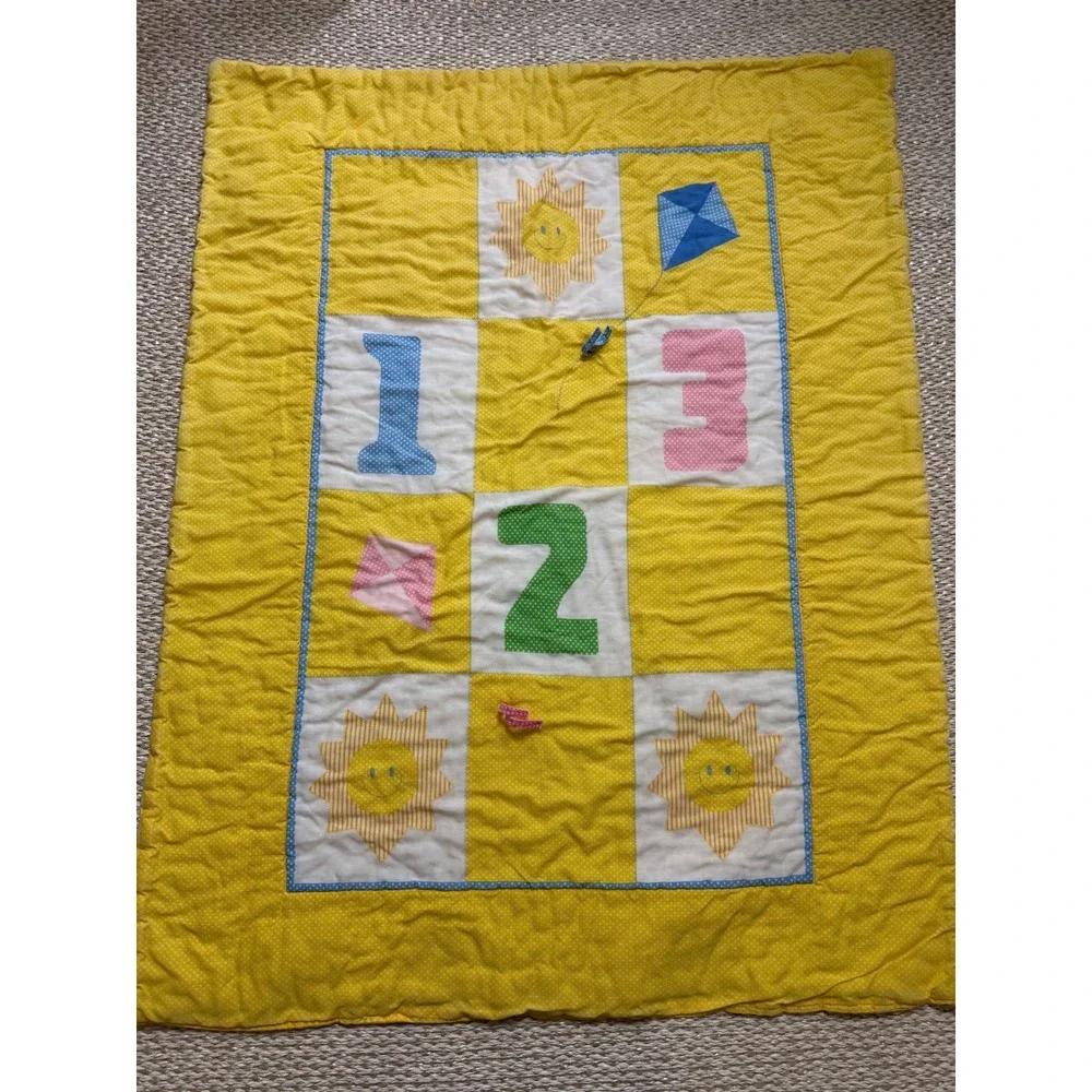 Vintage Handmade Baby Quilt Yellow‎ Polka Dot Sun 123 Nursery Blanket crib